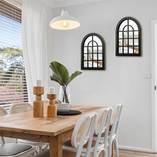 Vista 4 de ZEXUIRU 2 piezas de espejo de pared arqueado para ventana, espejo de acento rústico de granja, espejo de entrada con marco de madera para sala