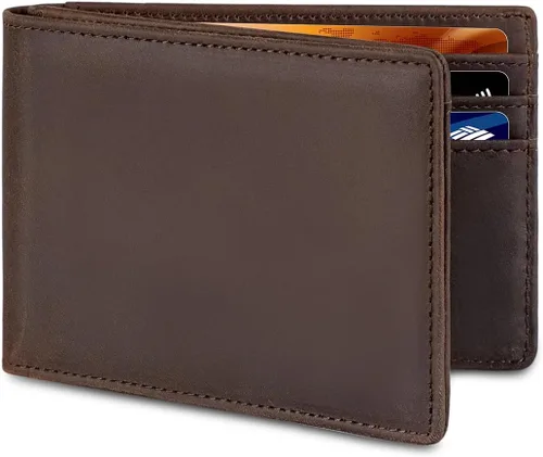Vista 31 de Billetera AirTag para hombre, de piel auténtica plegable con bloqueo Rfid AirTag con ranuras para efectivo y ventana de identificación, compatible