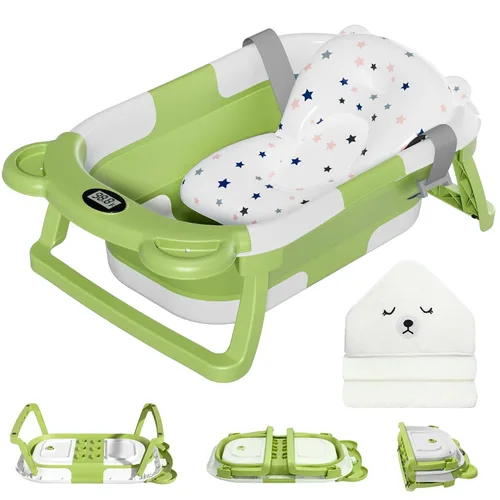 Vista 13 de MoreFeel Bañera plegable para bebé recién nacido con termómetro y 1 toalla con capucha y 1 cojín flotante suave, bañera de viaje portátil
