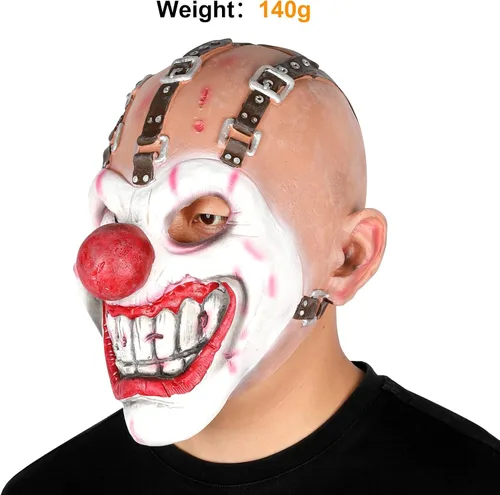 Vista 2 de Máscara de payaso de Halloween, disfraz de Joker, máscaras aterradoras para adultos, cadena de cinturón realista, espeluznante asesino de un solo