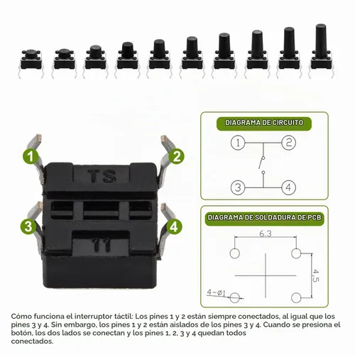 Vista 5 de Chanzon Interruptor táctil Botón Micro 0.236x0.236 in 4pin 200pcs Kit