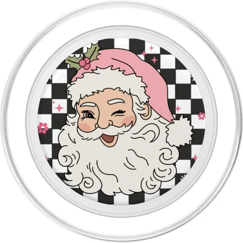 Vista 2 de PopSockets MagSafe PopGrip para iPhone con diseño de nieve floral rosa a cuadros de Papá Noel retro de Navidad