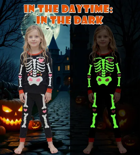 Vista 47 de HONGTEYA Ropa de Halloween para niños y niñas, ropa de esqueleto de algodón para niños pequeños, talla 3-7T
