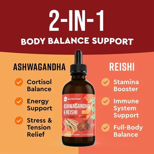 Vista 2 de 360 Nutrition Ashwagandha & Reishi - Suplemento de raíz de gotas para aliviar el estrés, la resistencia y la longevidad, y apoyo energético