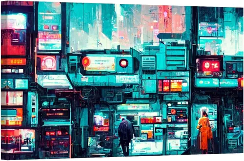 Vista 16 de LSIUHWUWI Future City Concept - Cuadro decorativo moderno para pared, impresión sobre lienzo Cyberpunk City Neon Streetview por la noche
