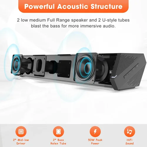 Vista 2 de Barras de Sonido Bestisan para TV, Barra de Sonido Pequeña de 16'/50W para TV, Barra de Sonido con Profundidades de Sonido Mejoradas/DSP/Bass+/3EQ