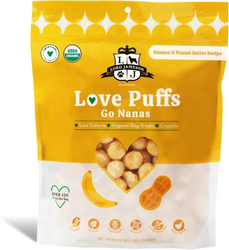 Vista 15 de Lord Jameson Cheddar Charm Colección Love Puffs ligeros y crujientes Golosinas orgánicas para perros, receta de queso, sin gluten, sin