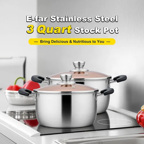 Vista 7 de E-far Olla de 3 cuartos de galón, olla de sopa de metal de acero inoxidable con tapa de vidrio para cocinar, saludable y libre de óxido, resistente