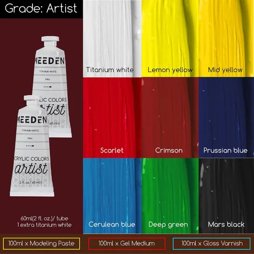 Vista 4 de MEEDEN Juego de arte con caballete francés para artista profesional, suministros de pintura acrílica (0.3-2.0 fl oz) kit con pinceles para adultos