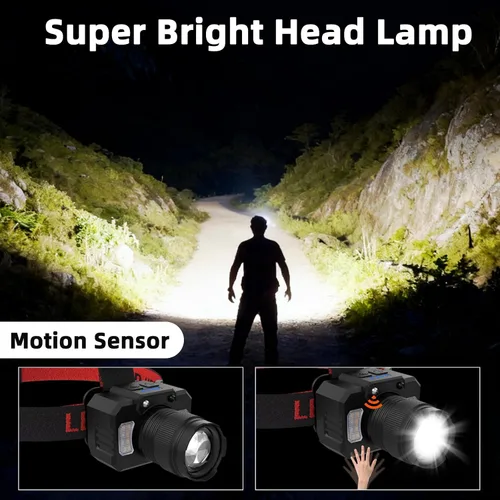 Vista 2 de Linterna Frontal Recargable de Alto Lumen, 1 Paquete de Lámpara de Cabeza Súper Brillante con Luz Lateral y Sensor de Movimiento, Luces de Cabeza