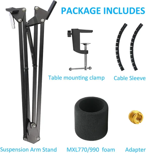 Vista 7 de MXL 770 990 Soporte de micrófono con filtro pop – Soporte de brazo de suspensión de micrófono con parabrisas, funda de cable compatible con MXL