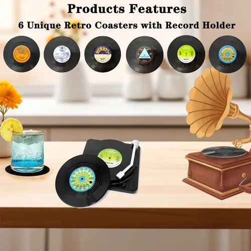 Vista 2 de Divertidos posavasos retro para bebidas de café con soporte para reproductor de vinilo, juego de 6 posavasos personalizados únicos para inauguración