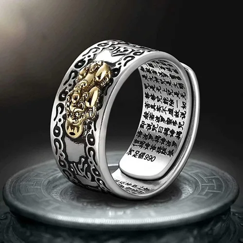 Vista 2 de JAJAFOOK Anillo de plata 990 PIXIU MANI Amuleto de la suerte, riqueza budista, mantra budista, riqueza, dinero, Feng Shui, ajustable