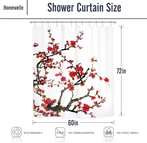 Vista 2 de Cortina de ducha floral roja para baño, 60 pulgadas de ancho x 72 pulgadas de largo, flor de cerezo, ciruela, estética asiática, japonesa, acuarela