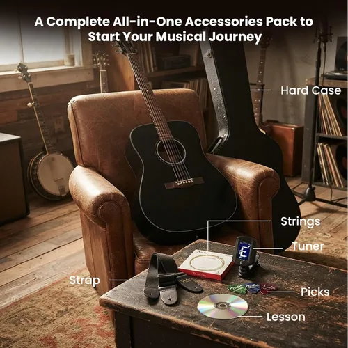 Vista 2 de Fender CD-60 Dreadnought - Guitarra acústica - Paquete negro con estuche duro, correa, afinador, cuerdas, púas, libro de instrucciones, lecciones