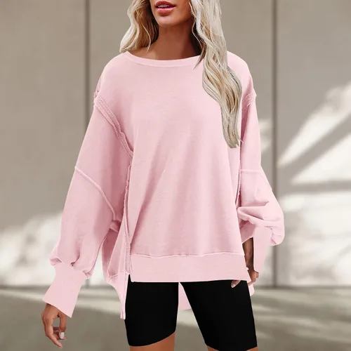 Vista 2 de Ceboyel Sudadera de gran tamaño para mujer 2023, color sólido, cuello redondo, suéter con abertura lateral, cómodo ropa de moda de otoño