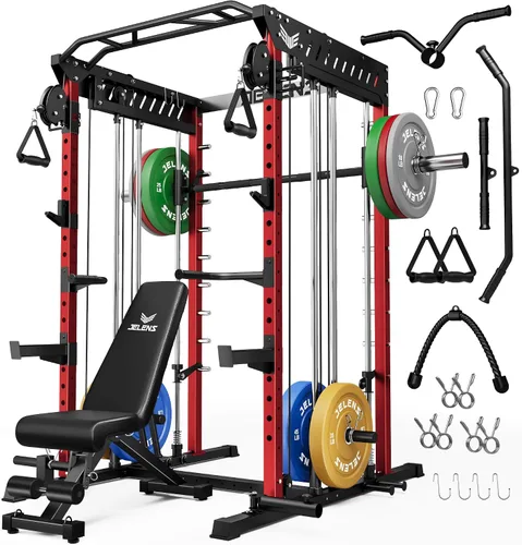 Vista 12 de JELENS M21 - Máquina Smith, jaula de potencia multifunción con sistema de cruce de cable de polea doble, banco de sentadillas todo en uno de 907 kg