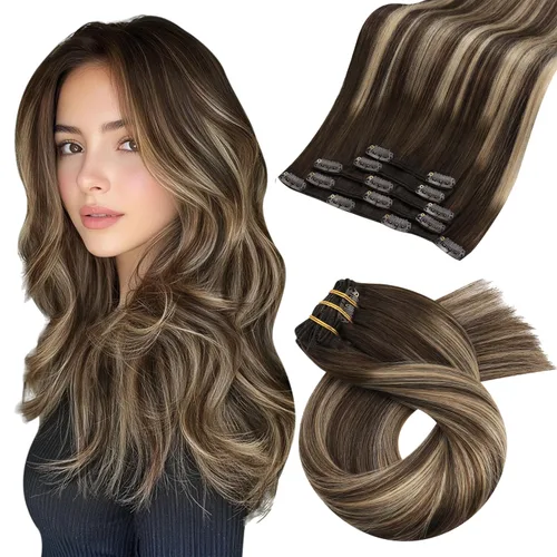 Vista 62 de Moresoo Extensiones de cabello humano con clip, balayage, color marrón oscuro a marrón dorado con clip, extensiones de cabello humano con clip, 5