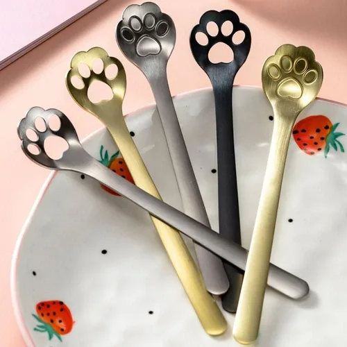 Vista 6 de Cuchara de pata de perro y gato, cuchara de café de acero inoxidable, cuchara de postre, cucharaditas, cucharaditas de vajilla para pastel
