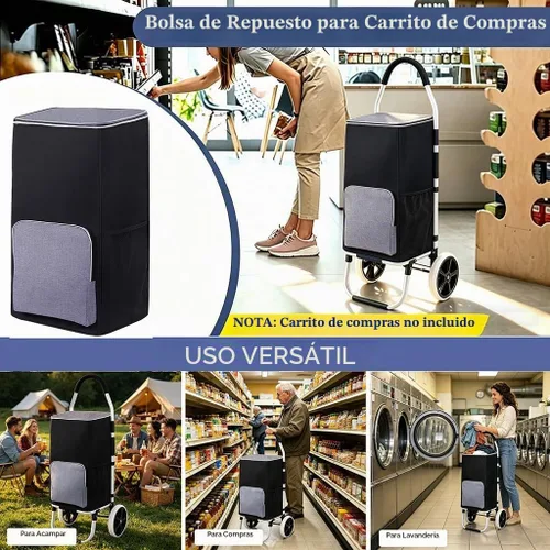 Vista 4 de Bolsa de repuesto para carrito de compras, bolsa de repuesto impermeable para carrito, con bolsillos laterales y bolsillo frontal, bolsa