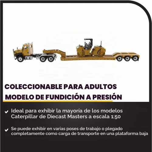 Vista 3 de Diecast Masters Tractor de cabina de día Caterpillar CT660 a escala 1:50 y remolque XL120 Lowboy con compactador de asfalto vibratorio Cat CB-534D