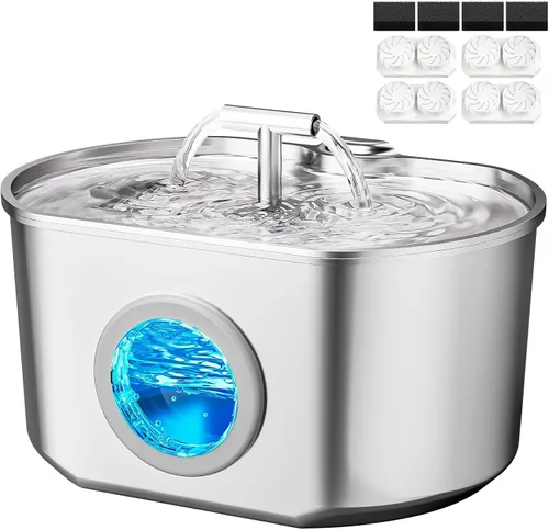 Vista 10 de Fuente de agua para gatos de acero inoxidable - Fuente de agua para mascotas para gatos en interiores - Dispensador automático de agua de 2.2L/74oz