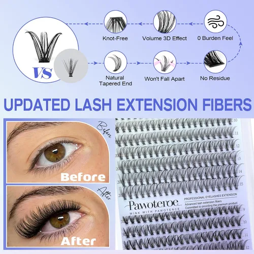 Vista 4 de Kit de Extensión de Pestañas Pawotence DIY 280 piezas, Kit de Racimos de Pestañas Individuales 20D y 30D Naturales 9-15mm, Kit de Extensiones