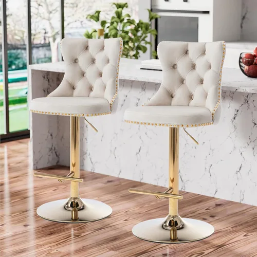 Vista 2 de Aoowow Juego de 2 taburetes de bar giratorios ajustables con parte trasera de terciopelo copetudo, sillas de bar modernas tapizadas con cabeza