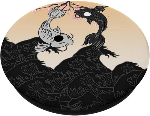 Vista 2 de Yin Yang Koi Ocean Wave Cherry Blossoms - PopSockets de regalo para peces japoneses PopGrip: agarre intercambiable para teléfonos y tabletas