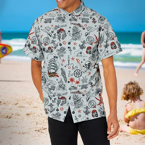 Vista 2 de Funny Guy Mugs Mens Hawaiian Print Button Down Short Sleeve Shirt