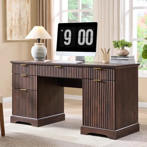 Vista 12 de JXQTLINGMU Escritorio ejecutivo moderno de 58 pulgadas con almacenamiento, escritorio de madera para oficina en casa con 5 cajones y 1 gabinete