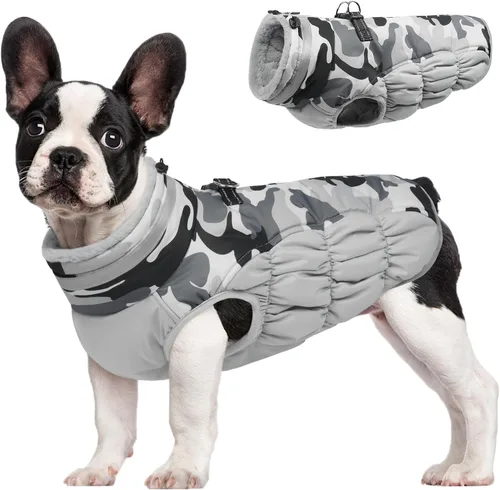 Vista 47 de Abrigo para perro, chaqueta cálida de invierno, acolchada, de vellón, chaleco reflectante con arnés, chaqueta de nieve impermeable con cremallera, a