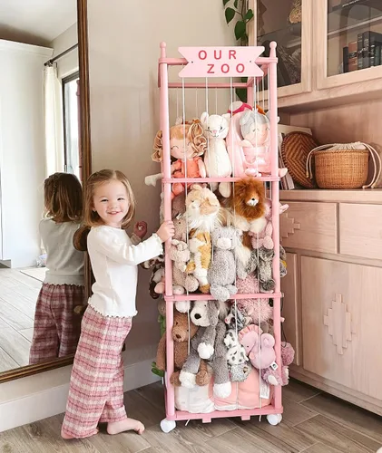 Vista 4 de Mloong Almacenamiento en zoológico de animales de peluche, animal de peluche de madera rosa, regalo para guardería, sala de juegos, dormitorio