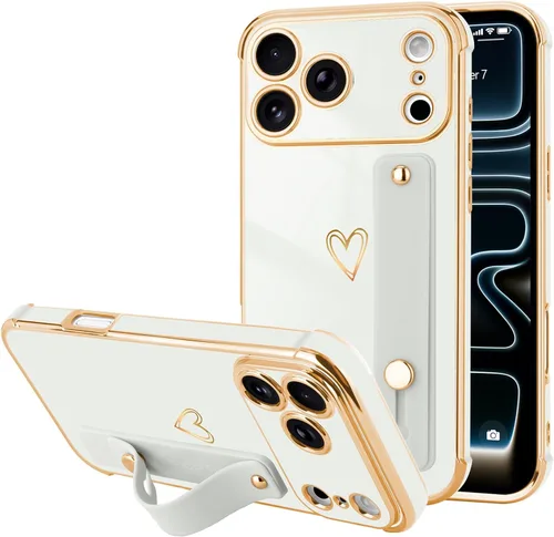 Vista 21 de LLZ.COQUE Funda compatible con iPhone 12 para mujeres y niñas, parachoques chapado de lujo con bonito diseño de corazón de amor, soporte de correa