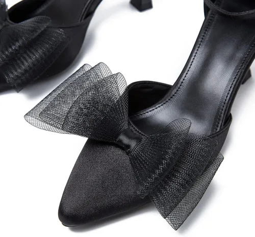 Vista 9 de LIURUIJIA Zapatos de tacón bajo con tiras cerradas para mujer, con puntera puntiaguda, lazos de malla, correa para el tobillo, vestido sexy D'Orsay
