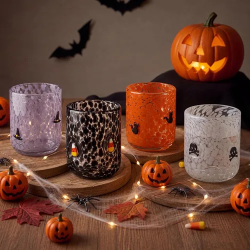 Vista 5 de Skylety 4 vasos de cristal con icono de Halloween, sombrero de bruja