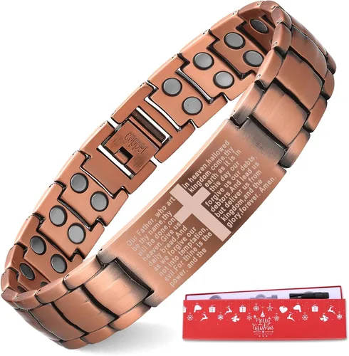 Vista 17 de MagEnergy Pulsera de cobre para hombre, pulsera magnética cristiana con imanes ultra fuertes, diseño de cruz bíblica ajustable, regalo de joyería
