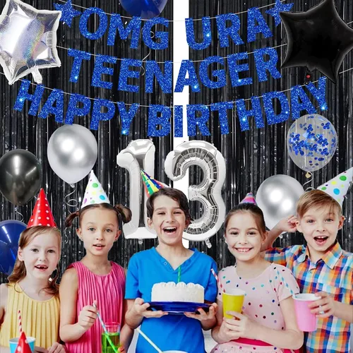 Vista 5 de Blue Omg Ur A Teenager - Cartel de feliz cumpleaños con flecos de papel de aluminio negro, telón de fondo plateado 13 para niños, decoración