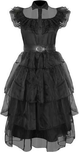 Vista 3 de Wednesday Addams - Vestido de malla para disfraz de Merlina, Adams, vestido de baile familiar, cumpleaños, Halloween, cosplay, traje para niños