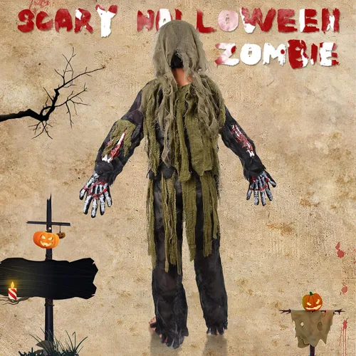 Vista 5 de Disfraz de zombi para niños, disfraz de zombi de esqueleto de Halloween para niños, disfraz de zombi muerto vivo con juguetes de motosierra