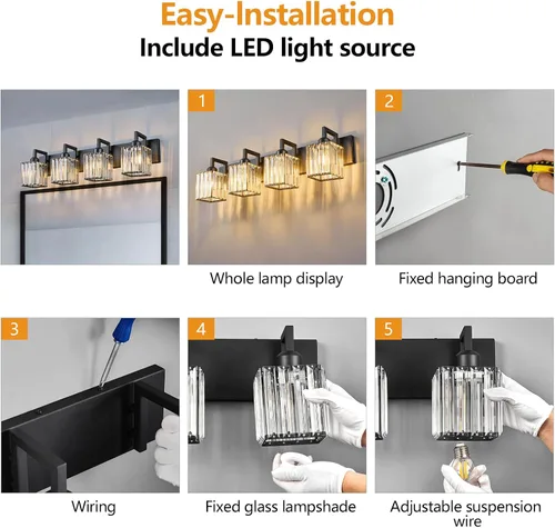 Vista 5 de Moderna lámpara de cristal para pared/tocador de baño, de 4 luces, color negro Negro torcido