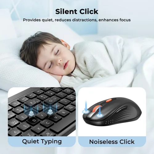 Vista 3 de Teclado y ratón Bluetooth, 2.4G + Bluetooth dual multidispositivo, teclado ergonómico silencioso de tamaño completo con ratón inalámbrico ajustable