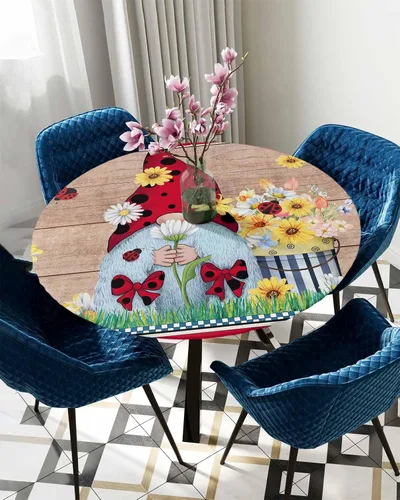Vista 5 de Mantel redondo de gnomos de verano con mariquita, mantel ajustable con elástico para mesas redondas de 36 a 44 pulgadas, mantel de madera vintage