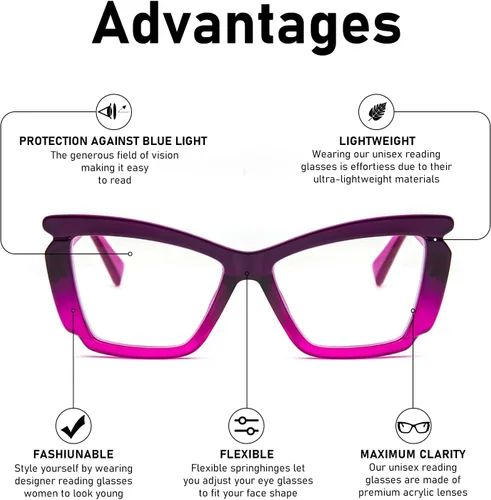 Vista 5 de Paquete de 4 elegantes lentes de lectura para mujer, a la moda, grandes, con bloqueo de luz azul, con bisagra de resorte
