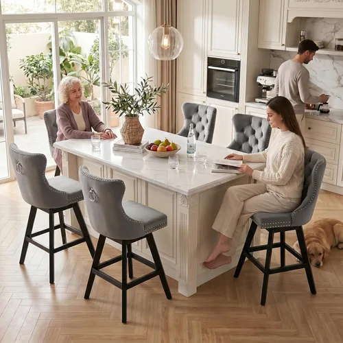 Vista 285 de SoarFlash Juego de 2 taburetes de bar tapizados de terciopelo moderno con patas de madera, botones acolchados, cabeza de clavo cromada, asiento