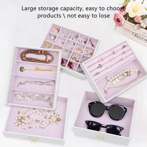Vista 5 de AKOZLIN - Organizador de joyería extra grande de 6 niveles con espejo, estuche de joyería de cuero con 5 cajones para mujeres y niñas, para anillos