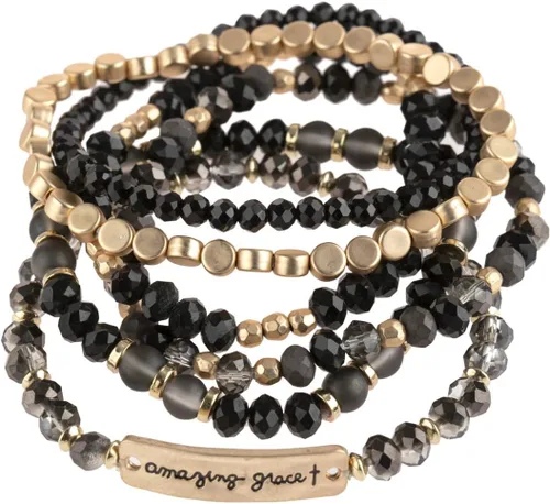 Vista 3 de RIAH FASHION Pulseras inspiradoras apilables con cuentas multicapa, piedra natural, hilo elástico drusa, brazalete de oración con cruz cristiana