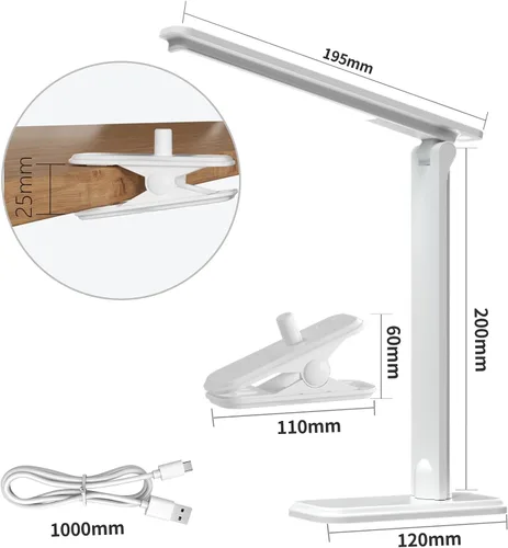 Vista 9 de Lámpara LED de escritorio, lámpara de mesa regulable, lámpara de lectura con clip y base intercambiables, 3 brillos regulables, pequeña lámpara