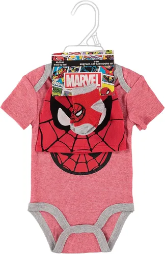 Vista 2 de Spiderman Baby Boys' Spiderman 3 Piece Bodysuit Bootie Socks and Hat Gift Set - Marvel Avengers Baby Boy Outfit