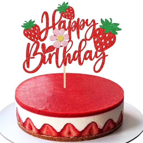 Vista 18 de 24 piezas de adornos para cupcakes de fresa, purpurina roja, temas de frutas, bayas y fresas, para verano, dulces, baby shower, fiesta de 1 Diseño